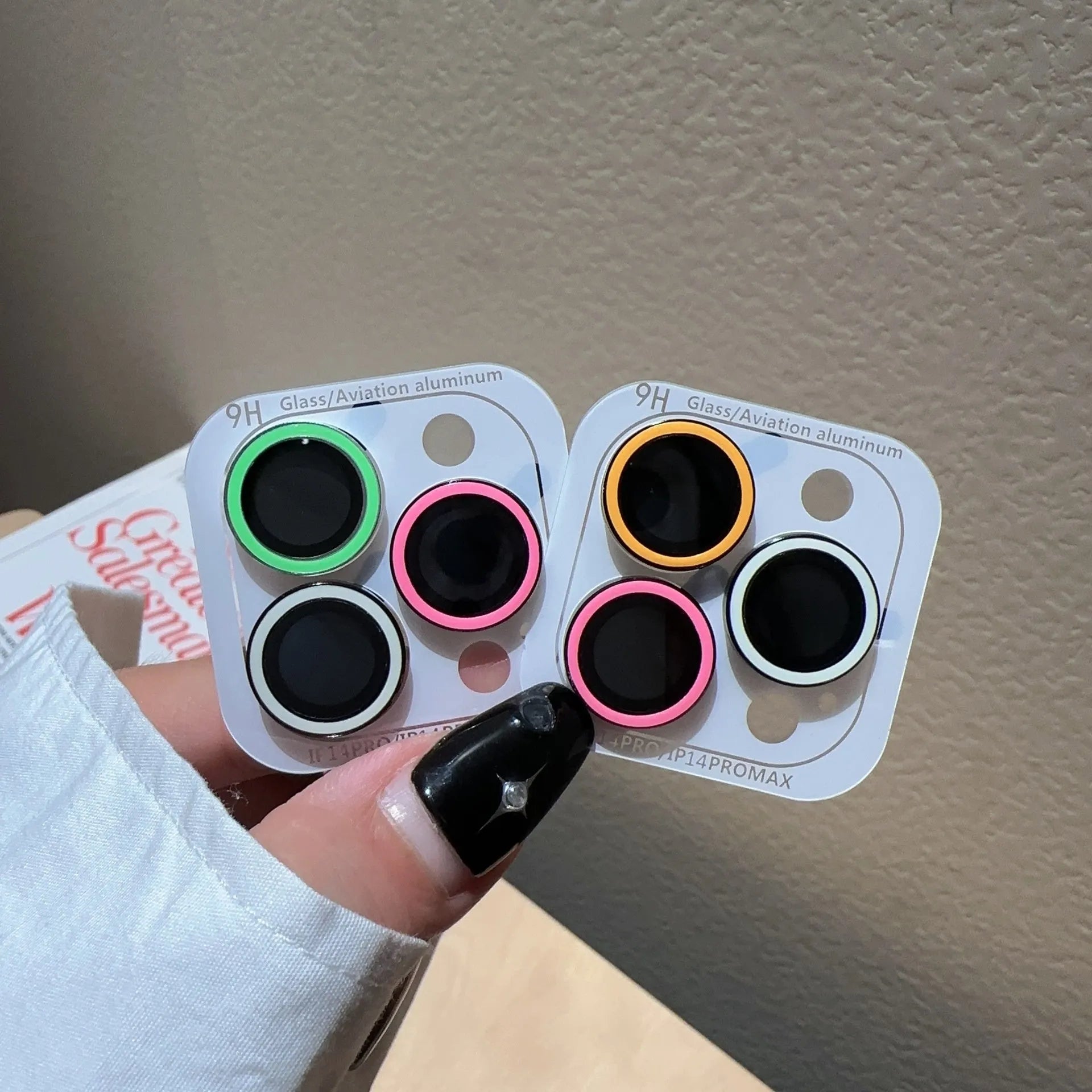 Tempered glass luminous lens protector for iPhone 14 Pro three holes, HD clarity, yellow blue pink colour