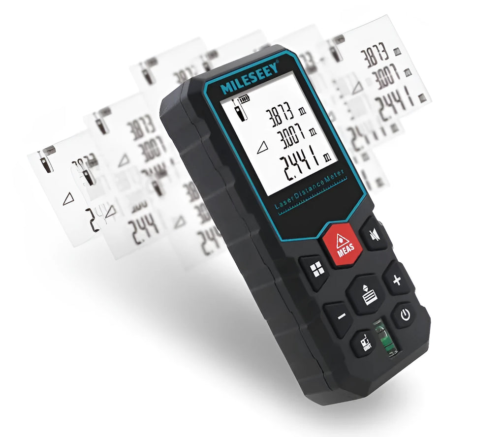 Handheld laser rangefinder 115x50x28mm in classic black showing digital display and button