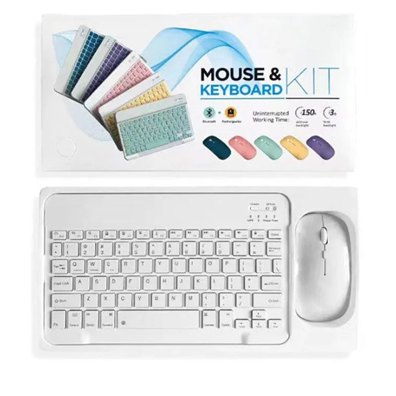 10-inch compact Bluetooth keyboard and wireless mouse in a solid colour on a desk.