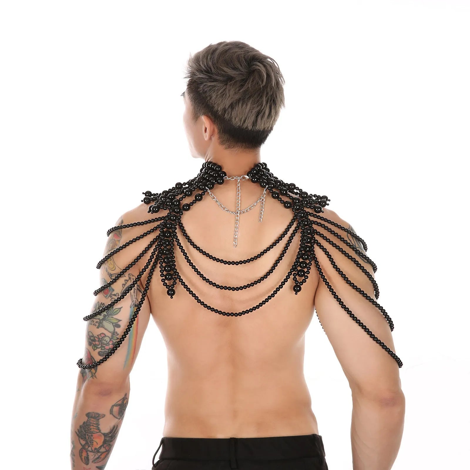 Men's hand-knitted black vest with multi-layer pearl detailing, tight fit, 51cm length, polyester-cotton blend