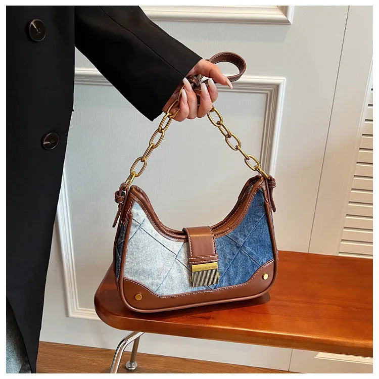 Brown denim women's shoulder bag with diamond mesh chain detail and bucket design