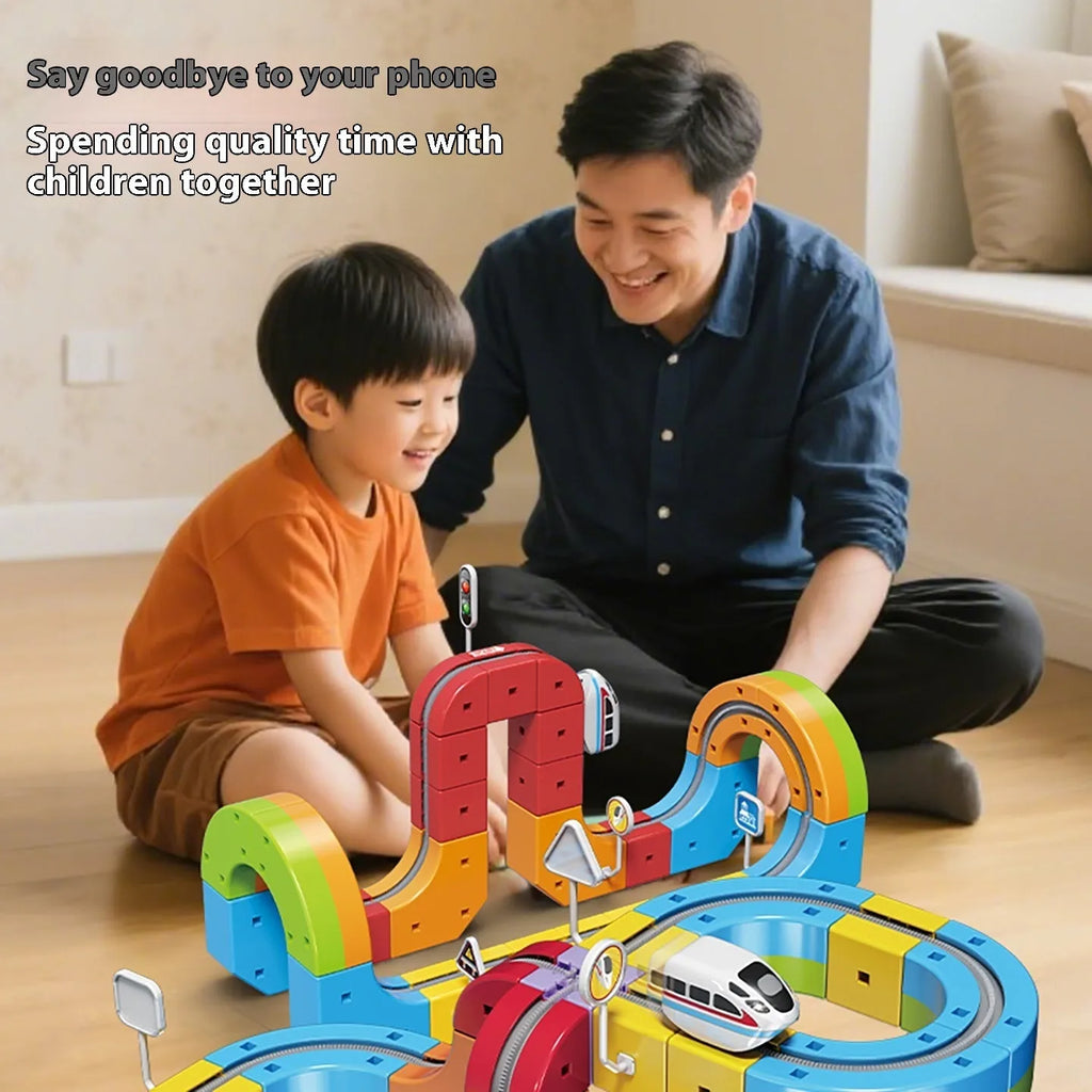 Children's educational track cube building blocks toys 55-piece Basic Edition magnetic plastic set USB charging