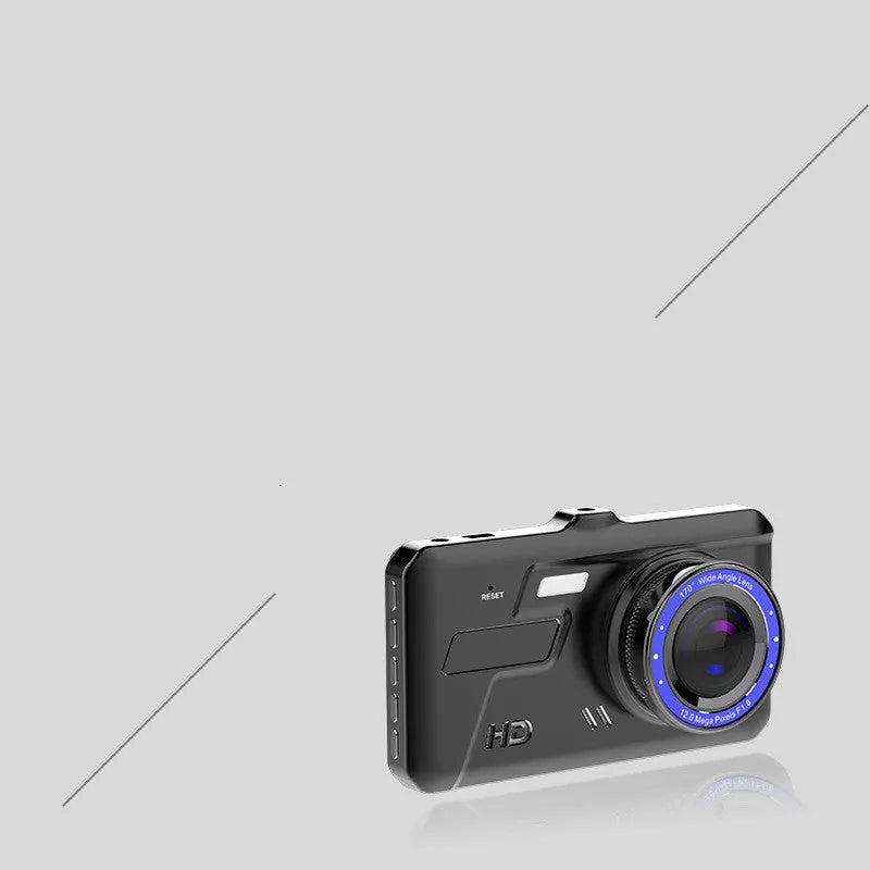 Black dual lens dash cam with 4-inch touch screen showing front and rear camera views