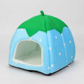Plush strawberry cat nest in pink, blue, purple, and red, cloth pet bed in XS to XL sizes