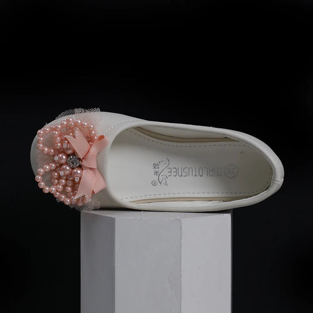 Korean rhinestone princess square mouth shoes for children, PU leather upper, flat heel, beige and pink