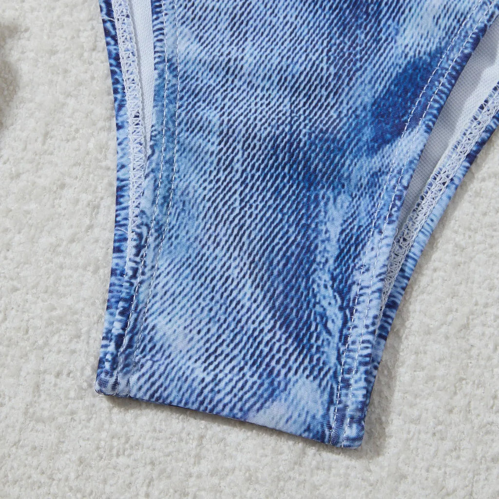Denim blue printed women's bikini set with adjustable straps on the top.