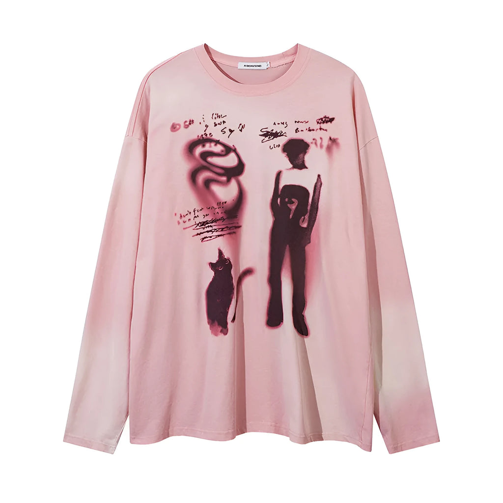 Loose cotton pullover top with letter pattern and drop-shoulder sleeves in dark grey or pink