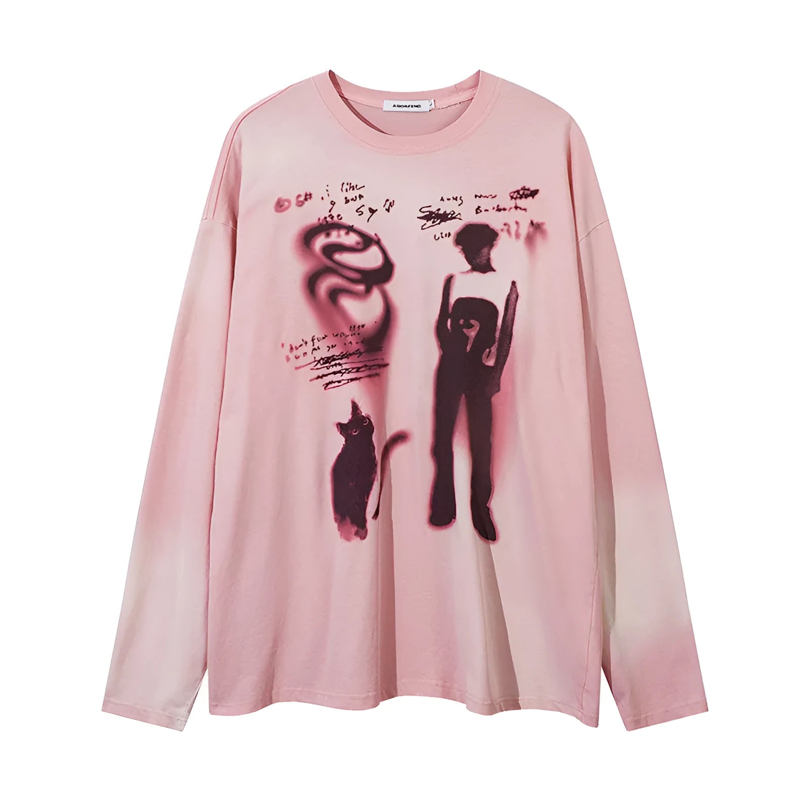 Loose cotton pullover top with letter pattern and drop-shoulder sleeves in dark grey or pink