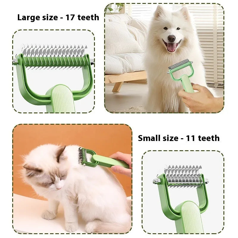 Green and grey dog de-matting combs in two sizes with stainless steel blades.