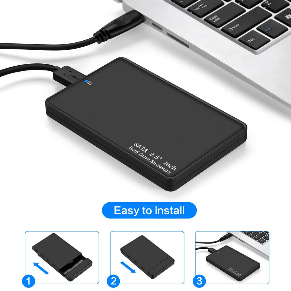 Black 2.5-inch external hard drive enclosure with USB 3.0 and SATA connector