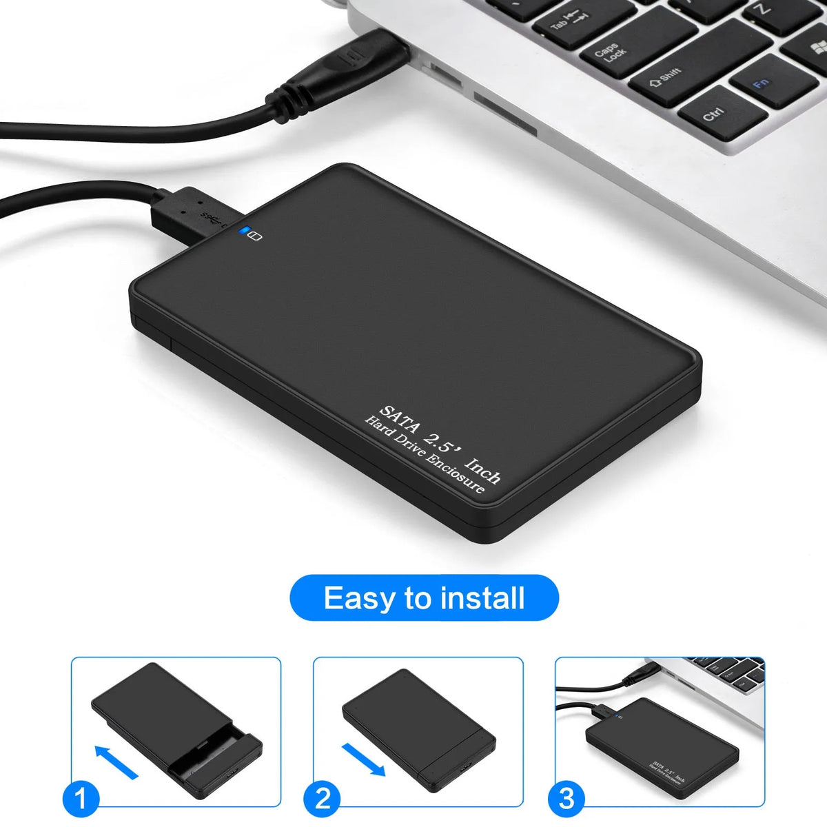 Black 2.5-inch external hard drive enclosure with USB 3.0 and SATA connector