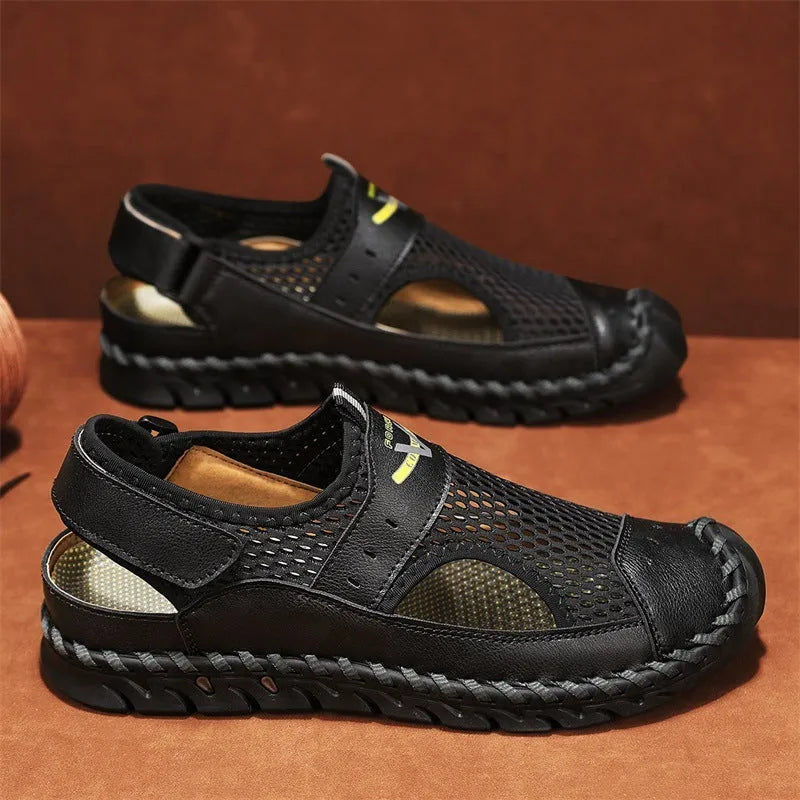 Men's brown genuine leather mesh breathable low-top shoes with elastic band and round toe