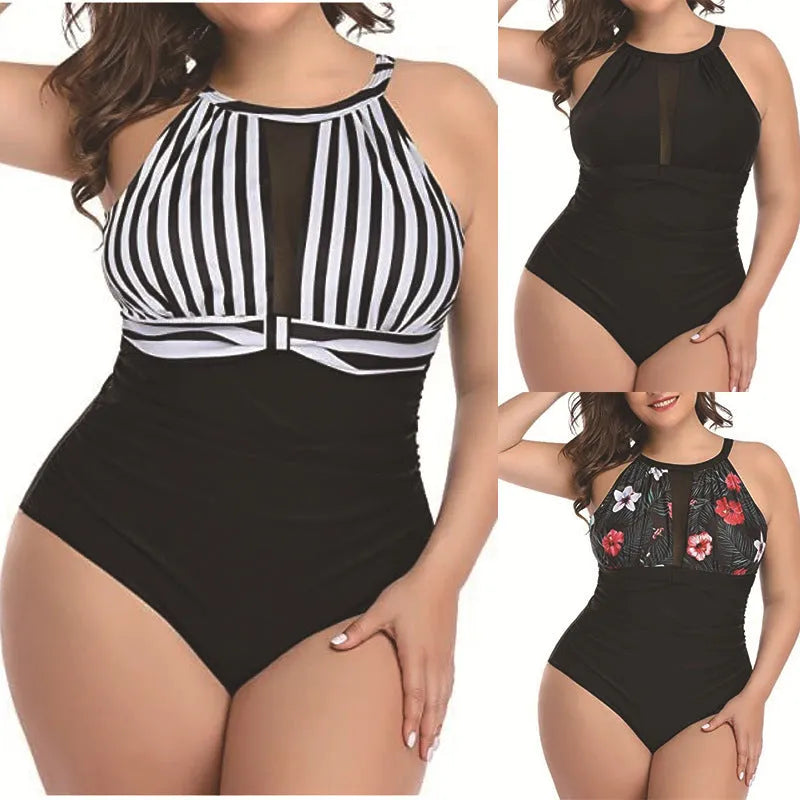Women's black lace one-piece swimsuit on a hanger showing the front design
