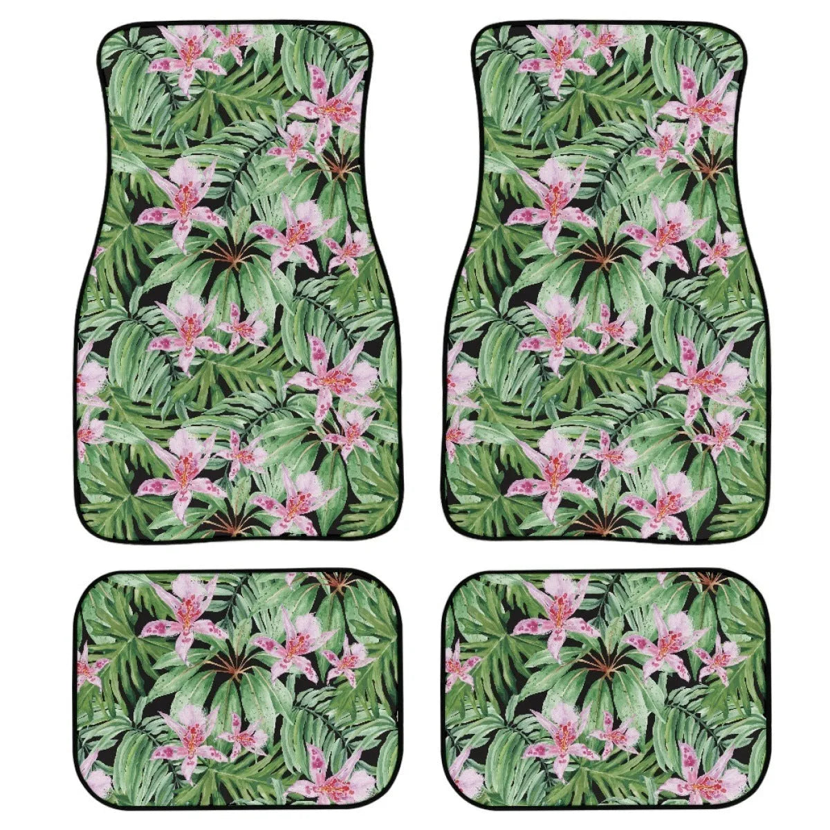 Black four-piece rubber car foot mat set with textured surface, shown on a car floor.