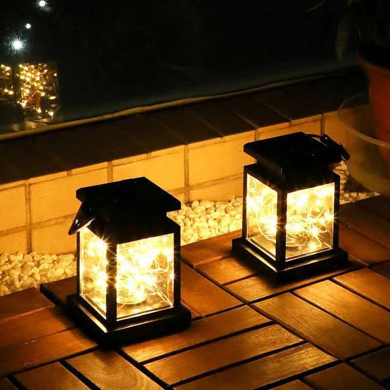 Solar garden hanging light, waterproof outdoor lantern, 125mm x 90mm, 30 beads, rustic style, 6-12 hour runtime.