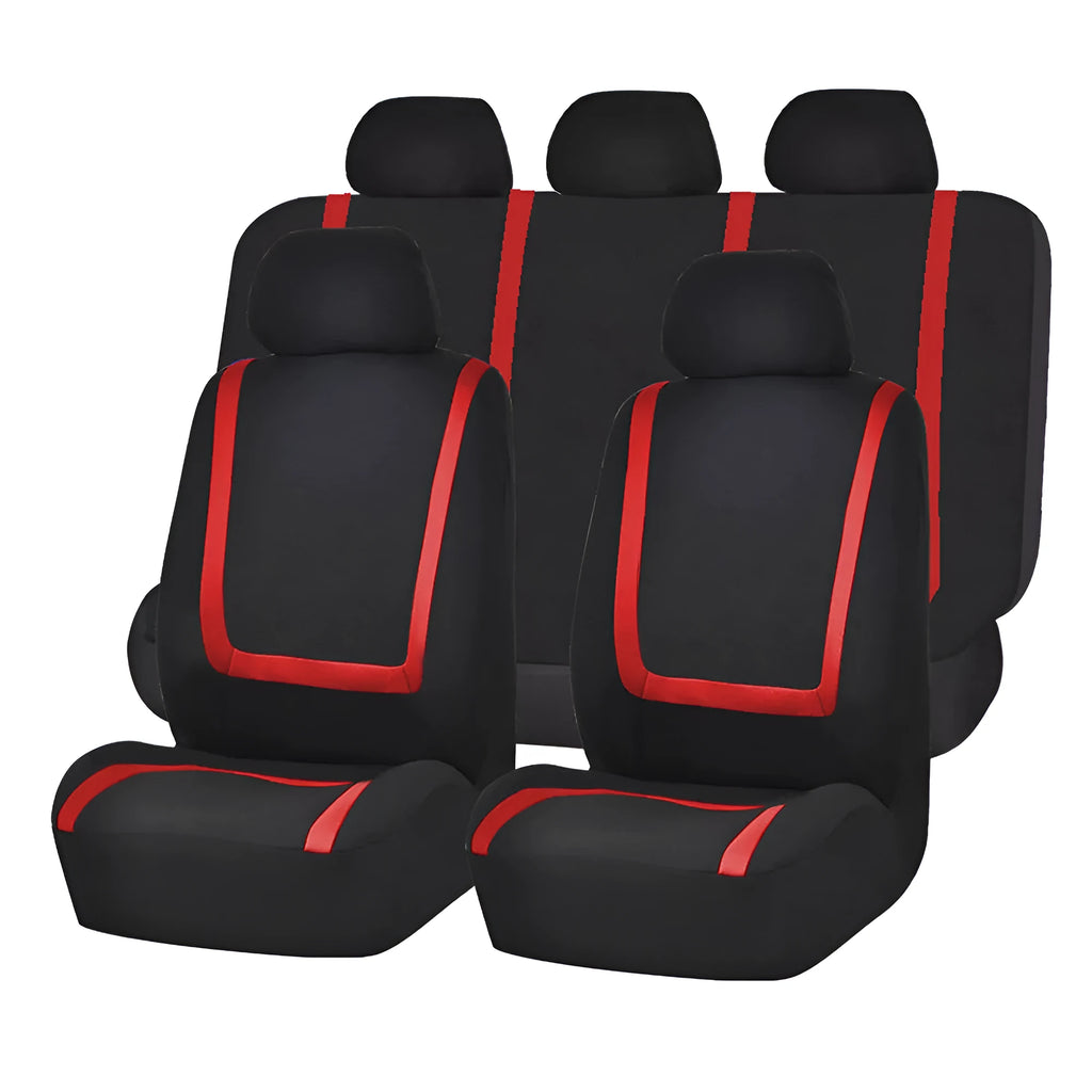 Universal car seat cover set showing fully enclosed design with separate headrest covers in two-tone colour option
