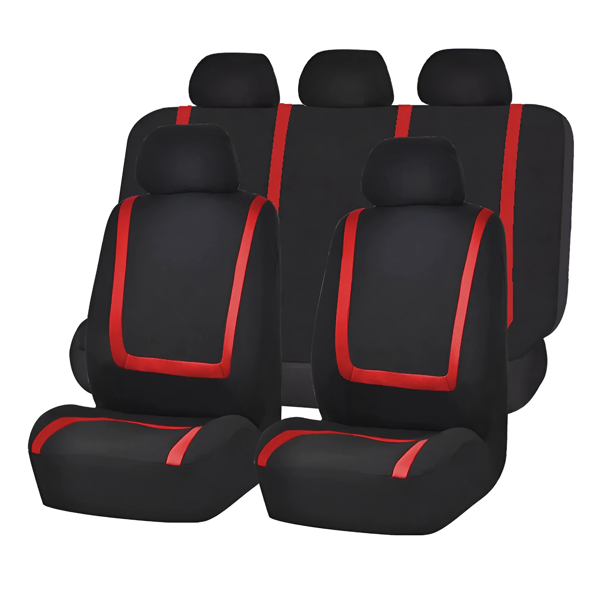 Universal car seat cover set showing fully enclosed design with separate headrest covers in two-tone colour option