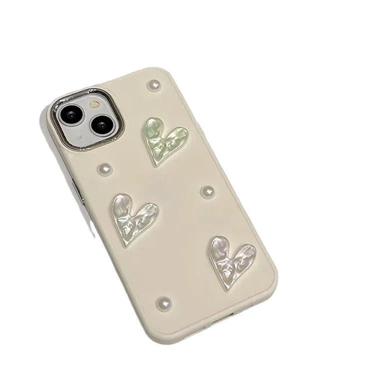 Milky white TPU phone case with pleated heart pattern and small pearl embellishments for iPhone
