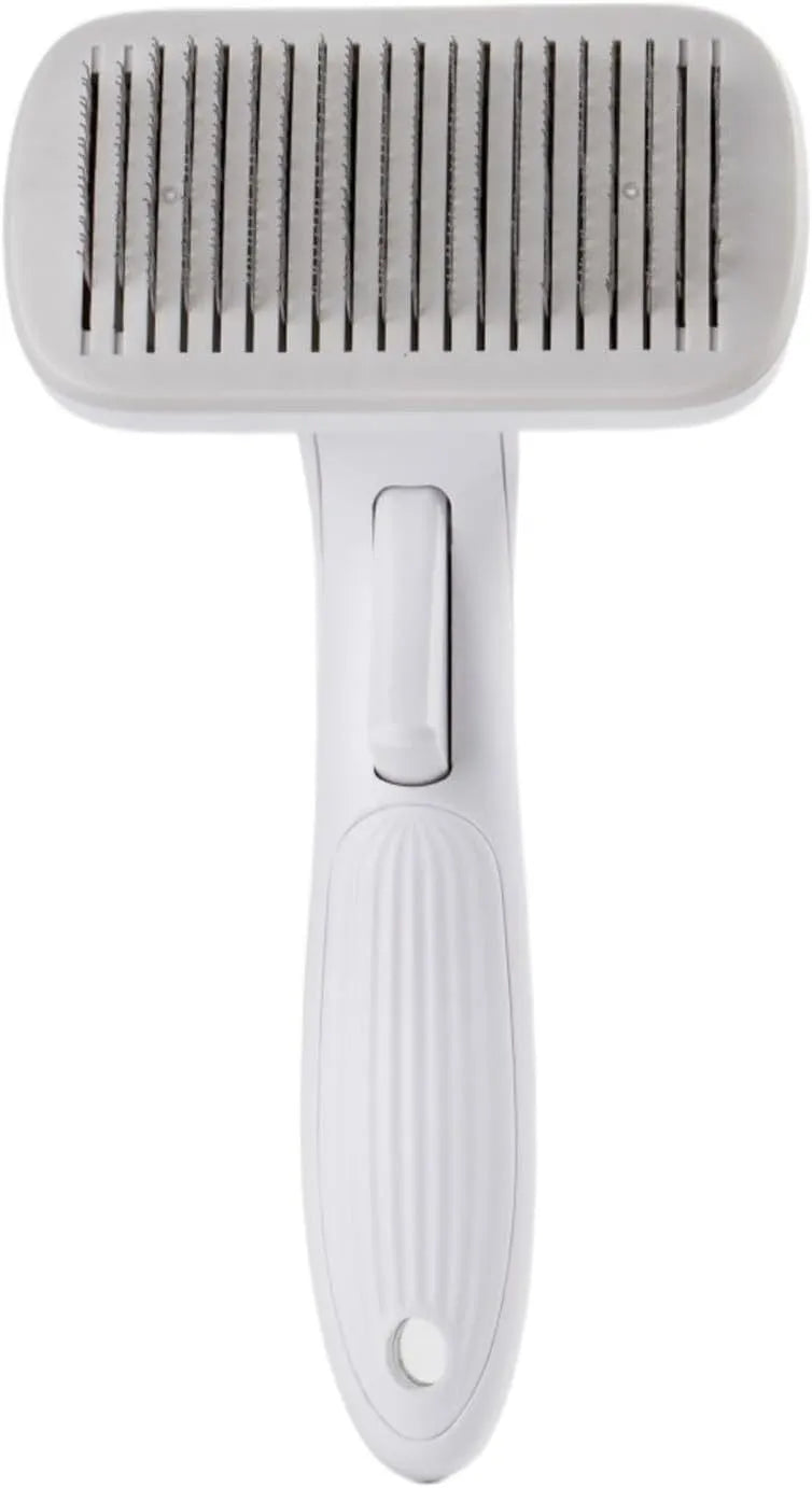 Automatic pet hair removal comb for dogs and cats showing colour options and compact size