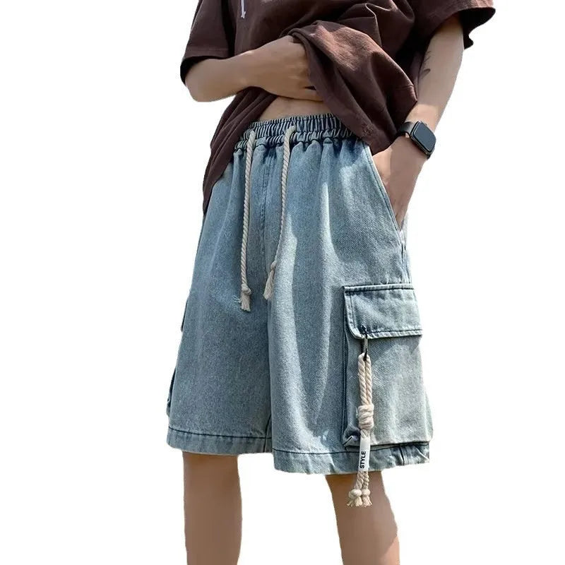 Men's loose fit denim shorts in dark blue, light blue and brown, thin non-stretch summer style