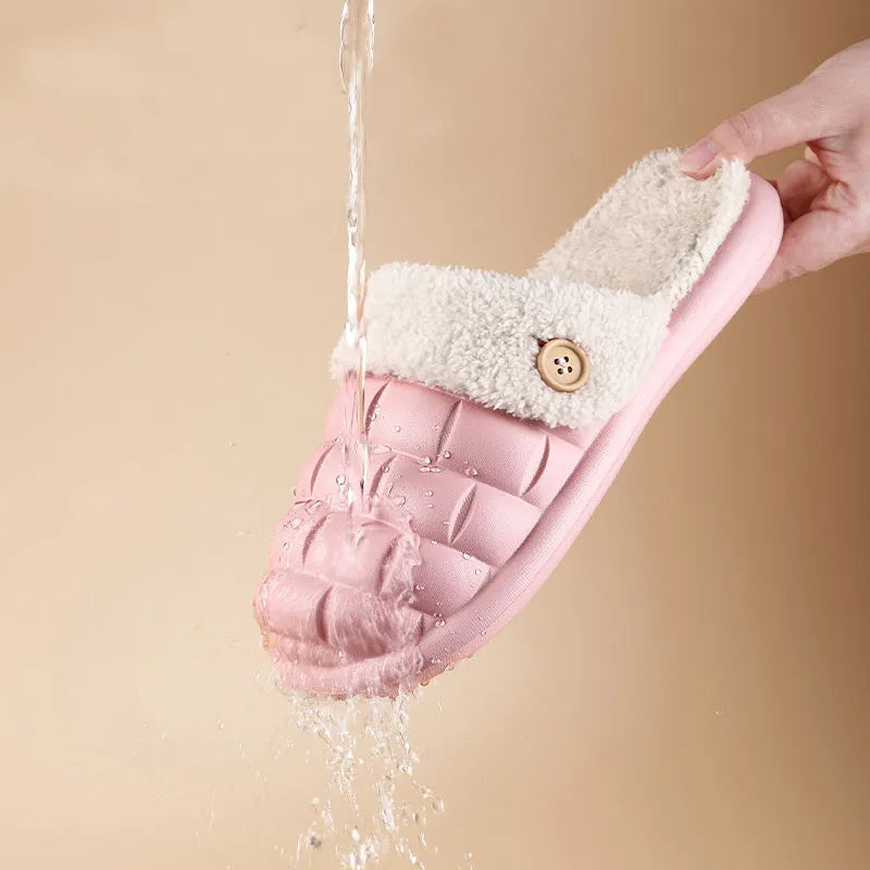 Plaid detachable EVA house slippers for women with plush lining, shown in pink.
