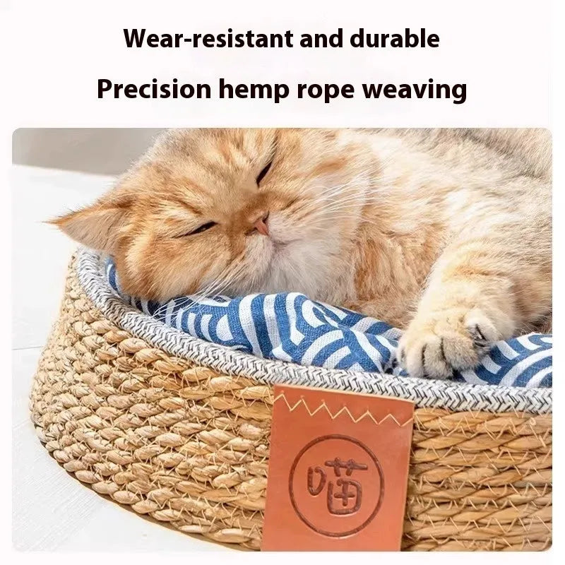 A natural rattan woven cat bed or nest, shown empty, suitable for small, medium, large, or extra-large cats.
