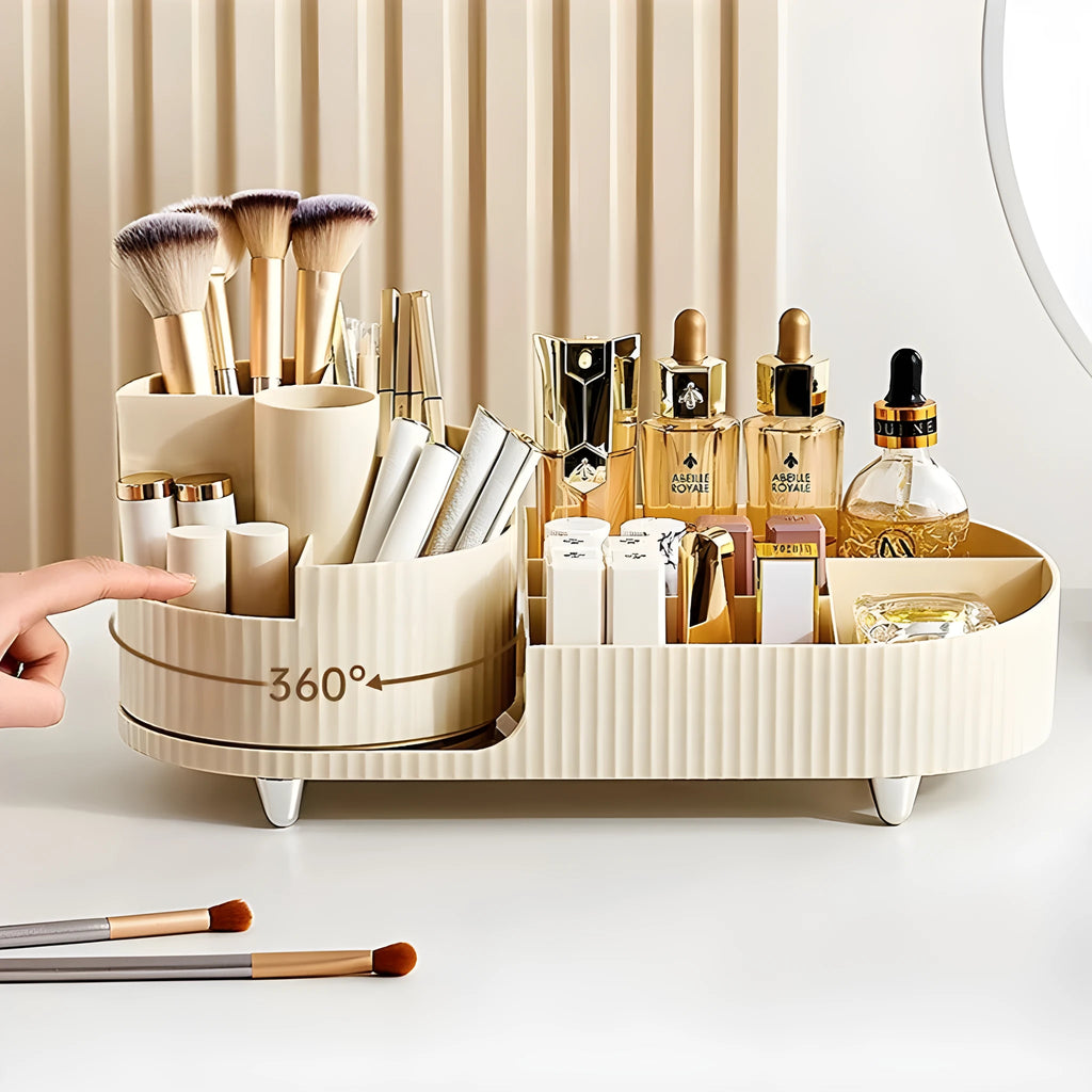 Rotating cosmetics storage box organiser for makeup brushes and lipsticks on a table.
