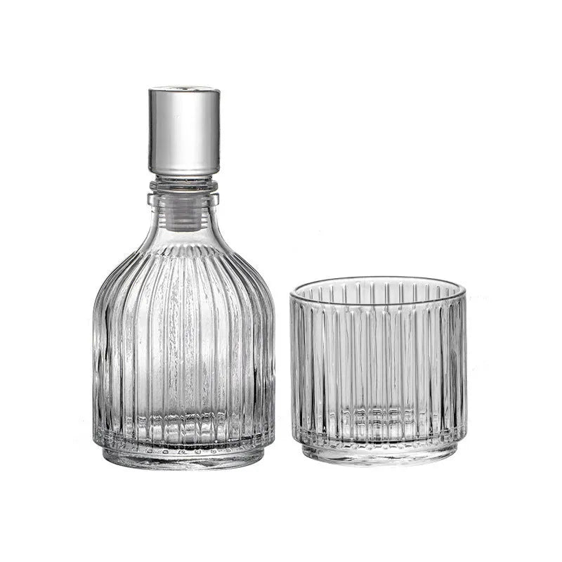 Clear glass whiskey wine set with striped and diamond pattern options on a table