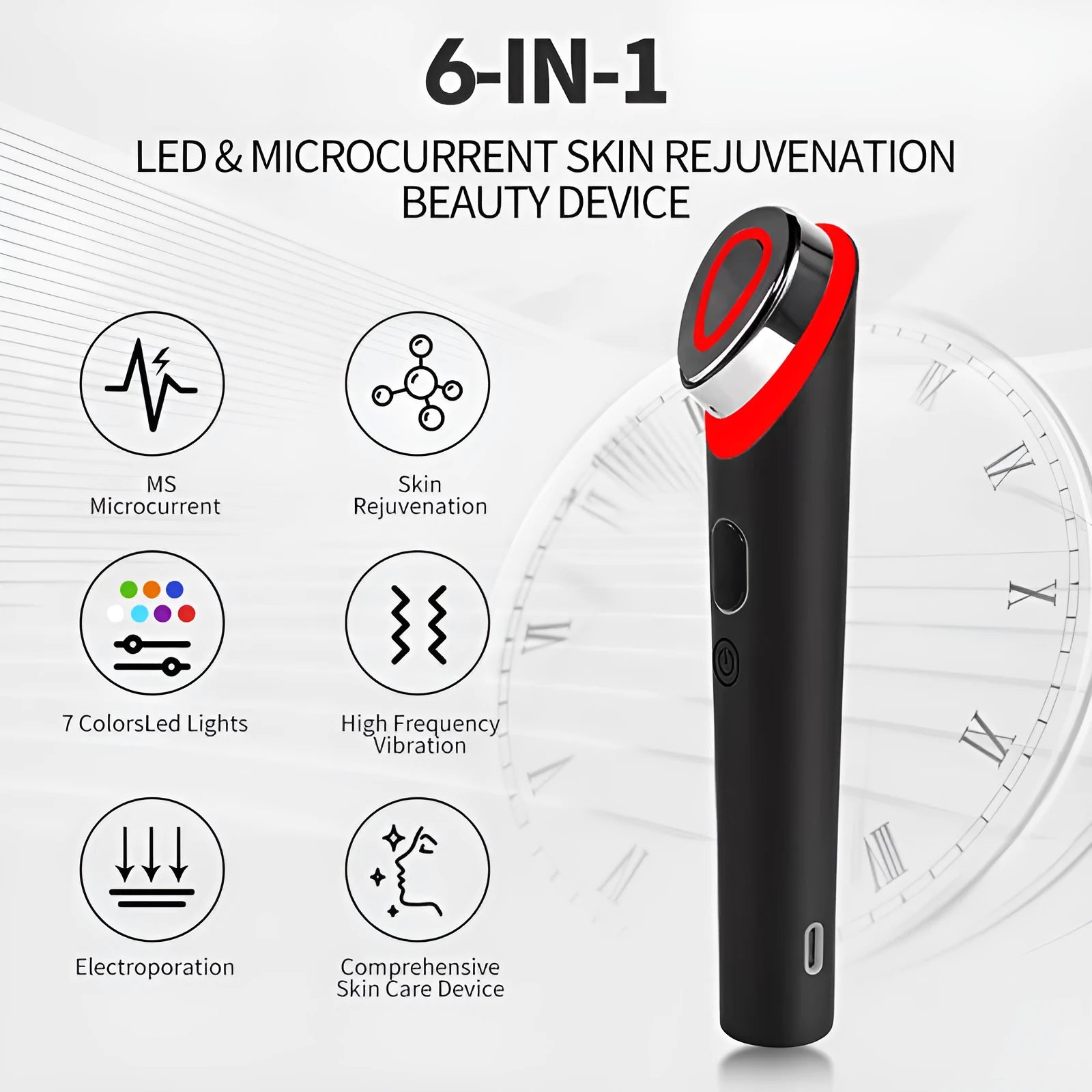 Black eye massager with 7 colour LED lights including red and blue therapy modes