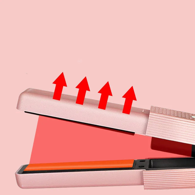 Pink and green cordless USB hair straightener and curler with ceramic plates, shown with USB cable.