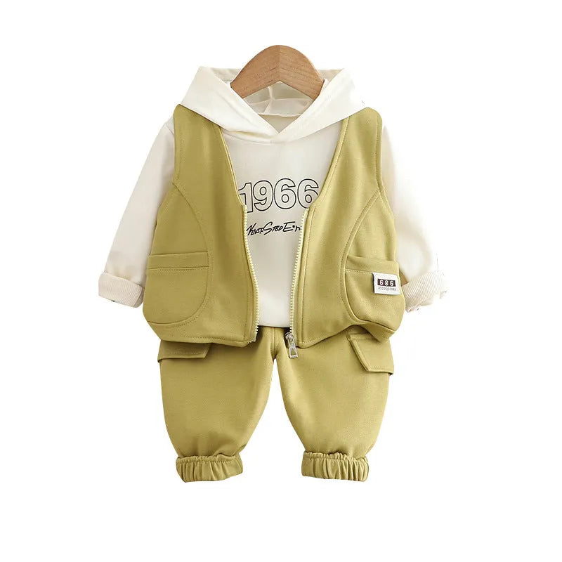 Boys cotton number vest three-piece set with long-sleeve zipper shirt and trousers in black