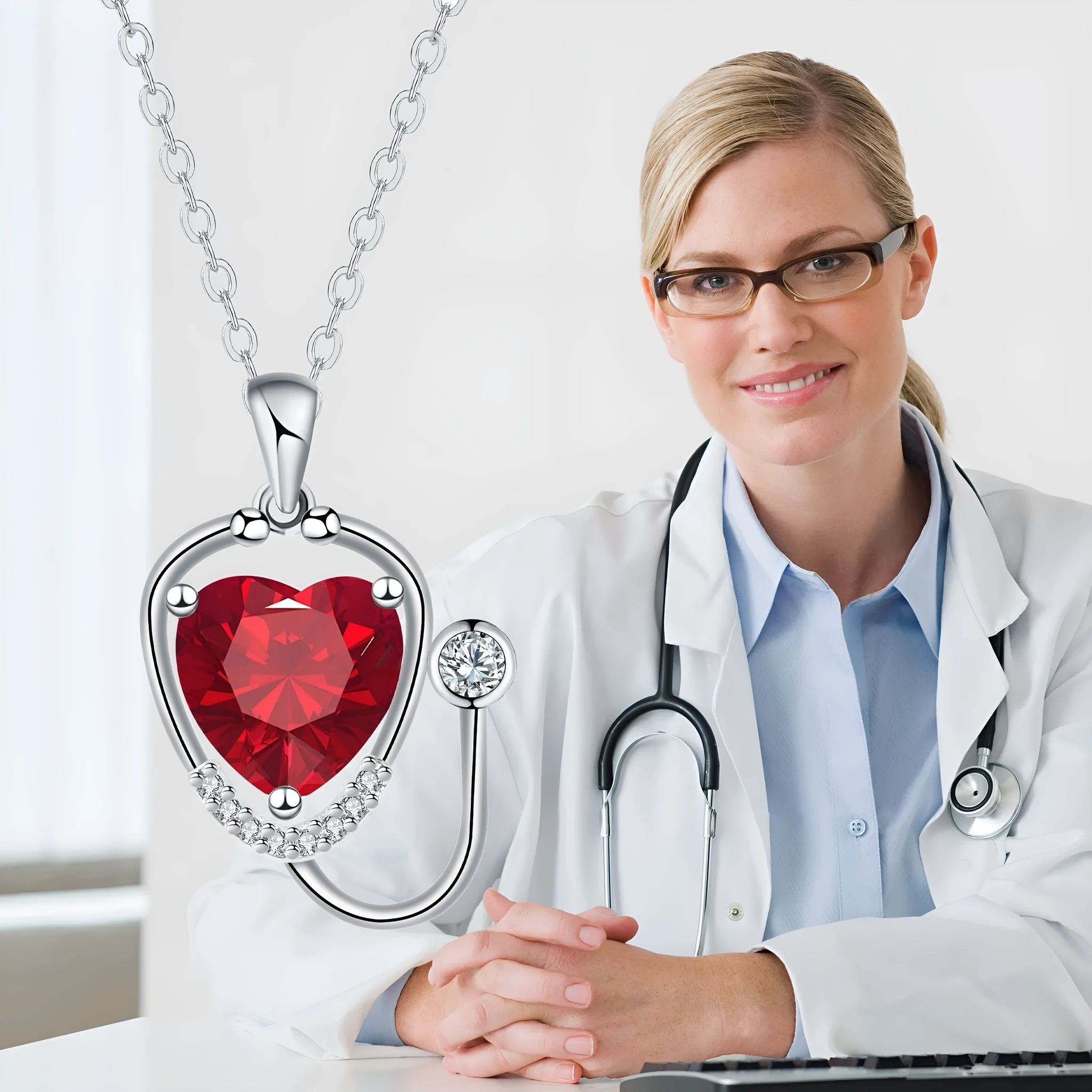 Women's copper stethoscope necklace with wings cross design in red diamond electroplated finish