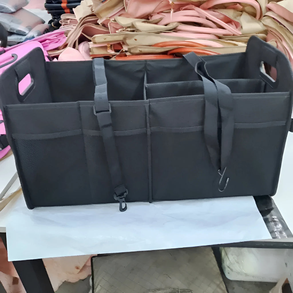 Foldable black multi-compartment car trunk storage box with handle