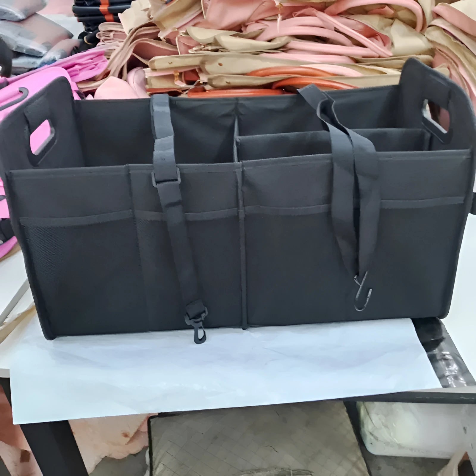 Foldable black multi-compartment car trunk storage box with handle