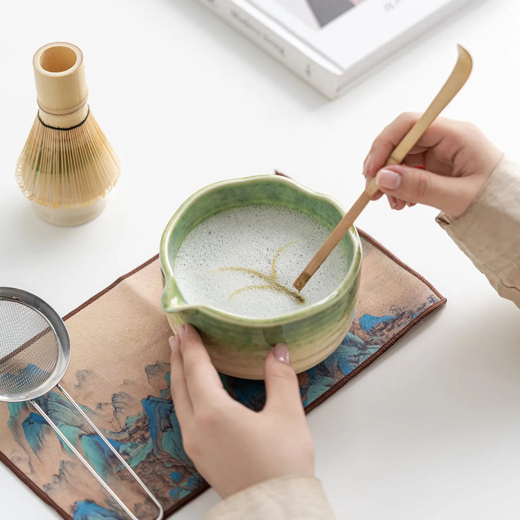 8-piece ceramic matcha bowl tea set with flower mouth bowl, Japanese style, 25 x 22 x 10.3 cm