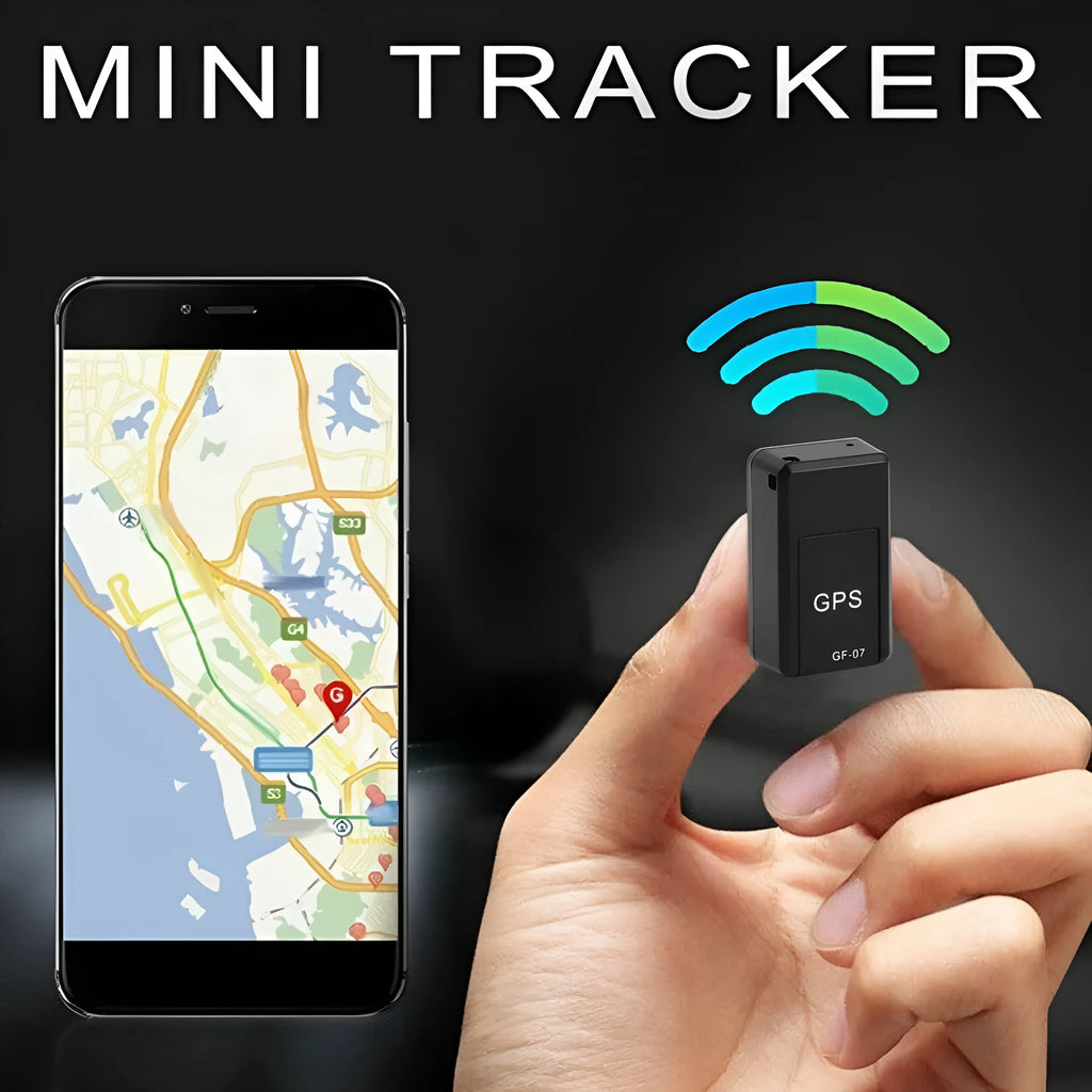Small black magnetic GPS tracker device next to a USB charging cable.