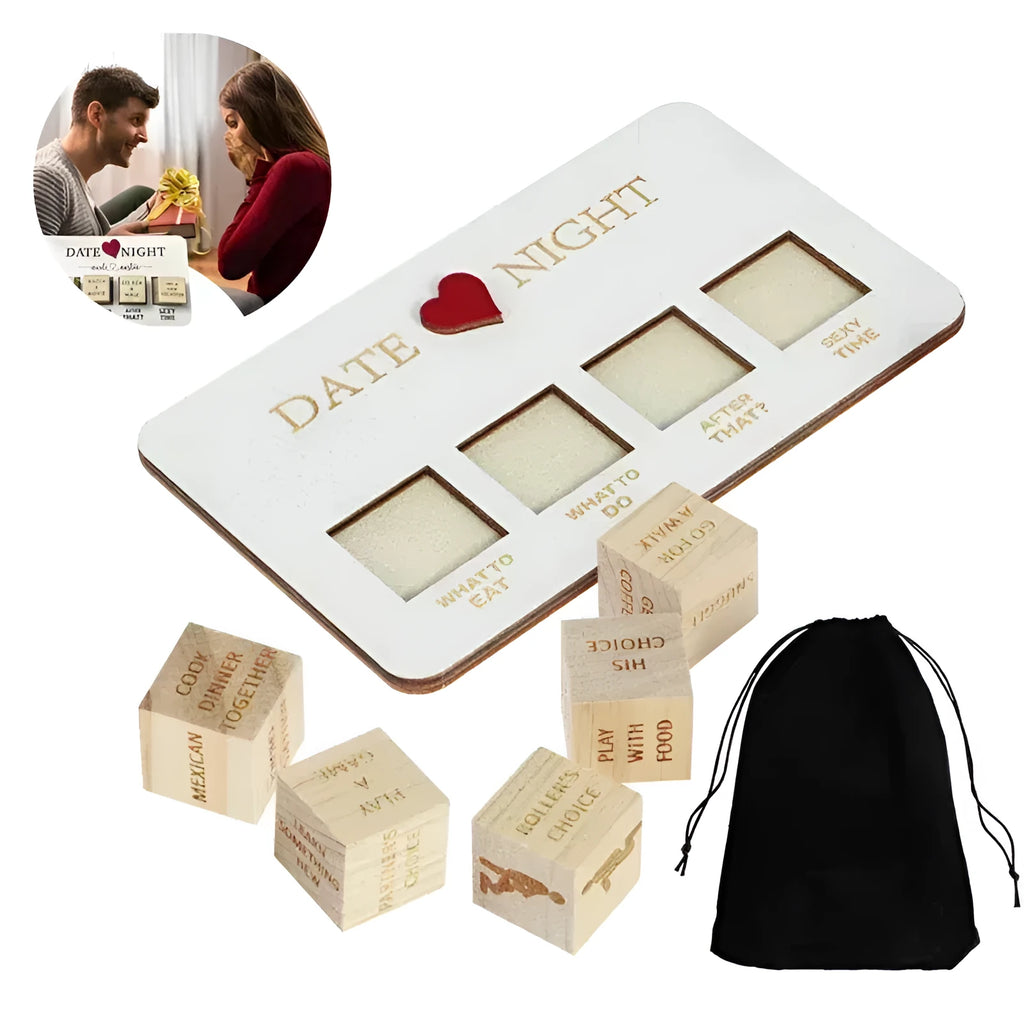 Wooden date night dice set with five natural wood dice on a rectangular planner board next to a black storage bag.