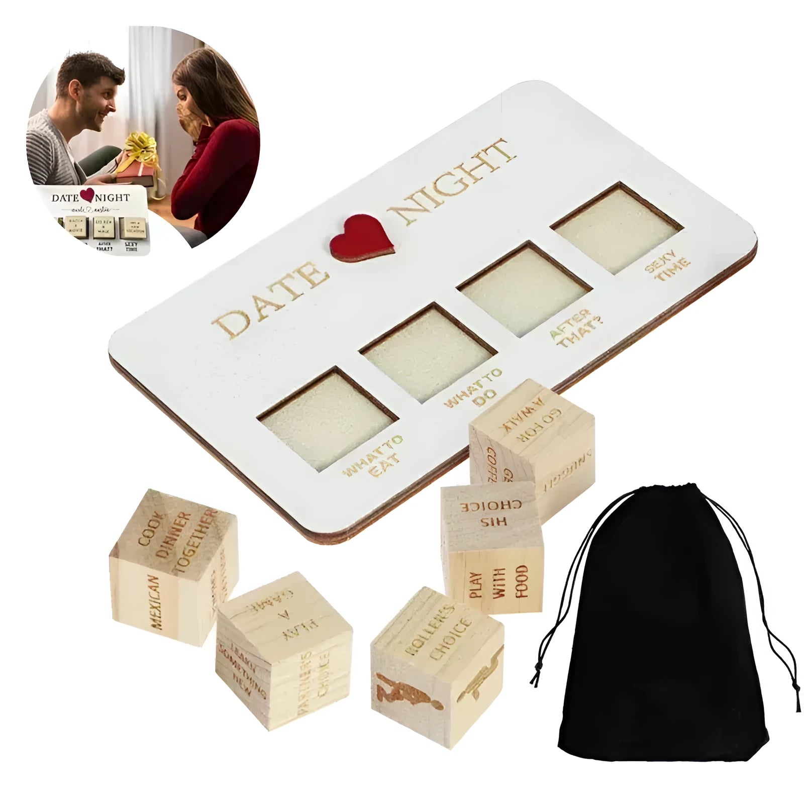 Wooden date night dice set with five natural wood dice on a rectangular planner board next to a black storage bag.
