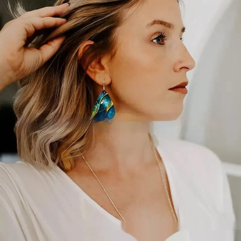 Acrylic flat branch knot drop earrings with printed surface design in Style 1 and Style 2 colour variations