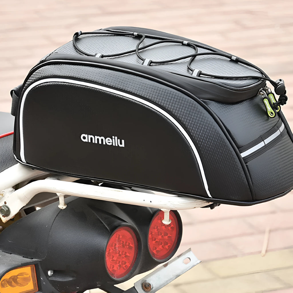 Black waterproof bicycle rear rack bag with 8L capacity mounted on bicycle