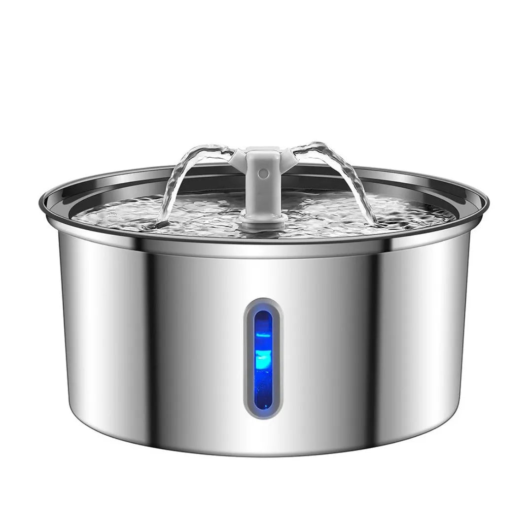 Stainless steel round pet water dispenser with large reservoir and selectable faucet attachment