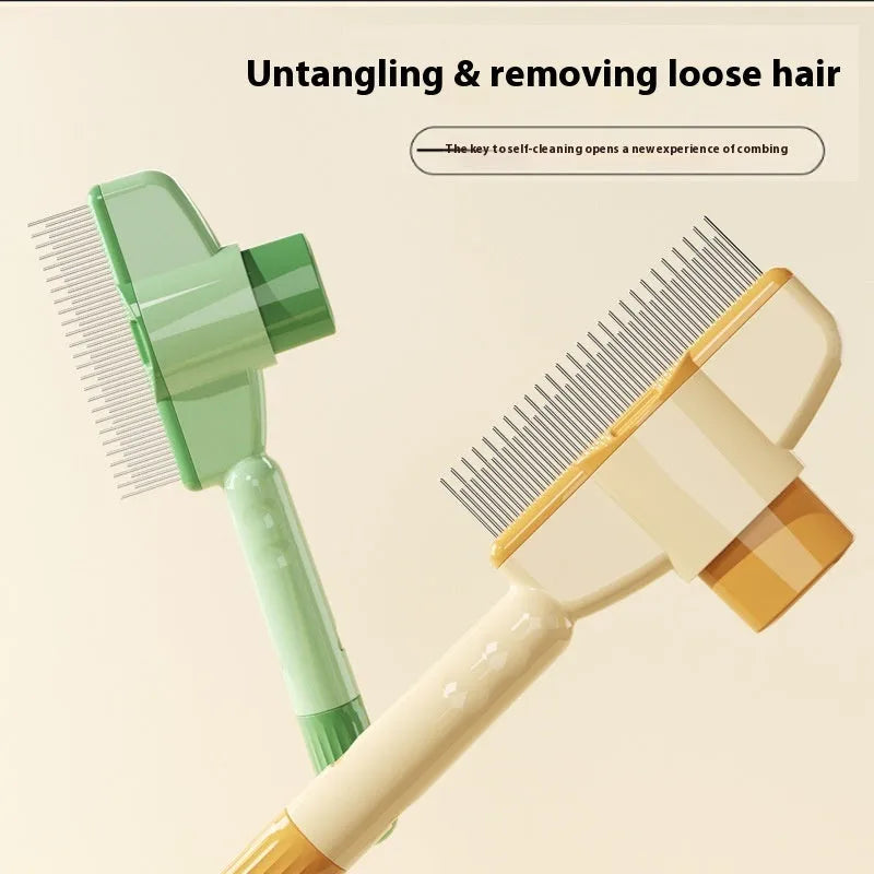 Yellow and green self-cleaning pet combs with stainless steel teeth and release buttons for dog and cat grooming