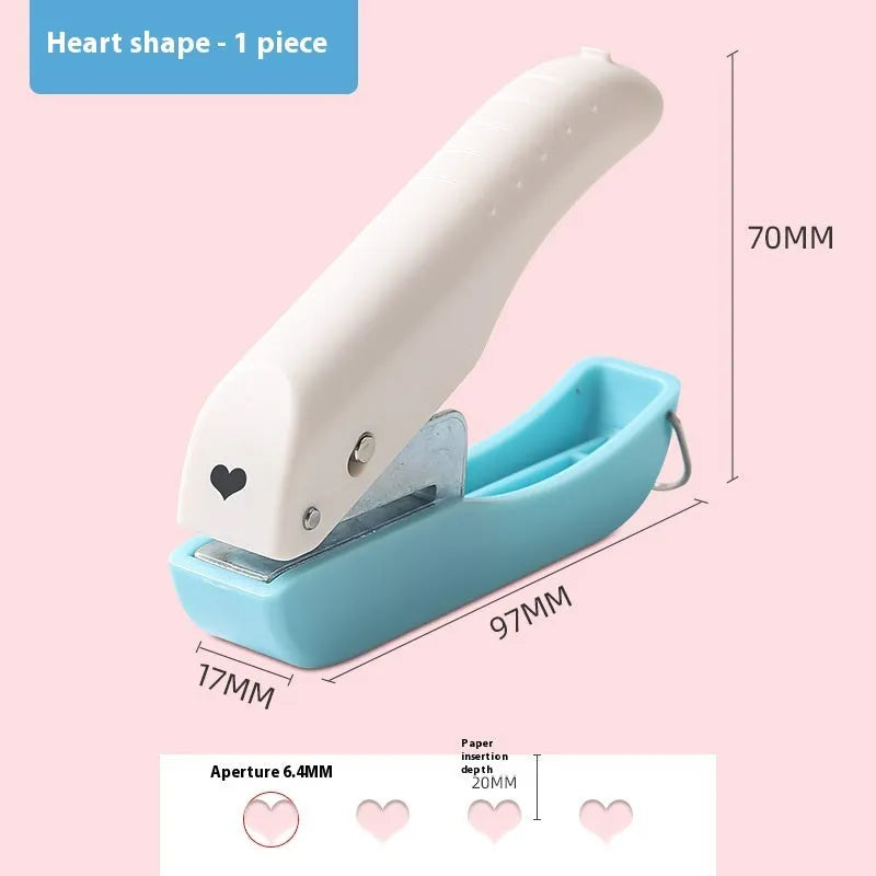 Manual embossing punching machine with heart, star, and small round 4mm and 6mm dies for paper crafts.
