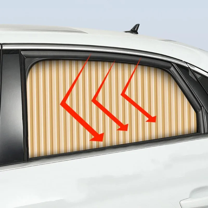 Retractable car sun curtain shown in black colour with roller shutter mechanism extended