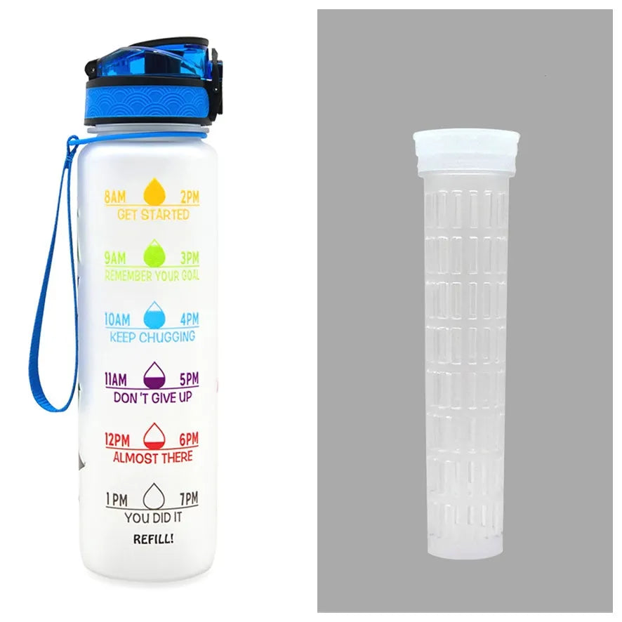 1L Tritan sports water bottle with time markers and flip-top lid in blue-red gradient colour