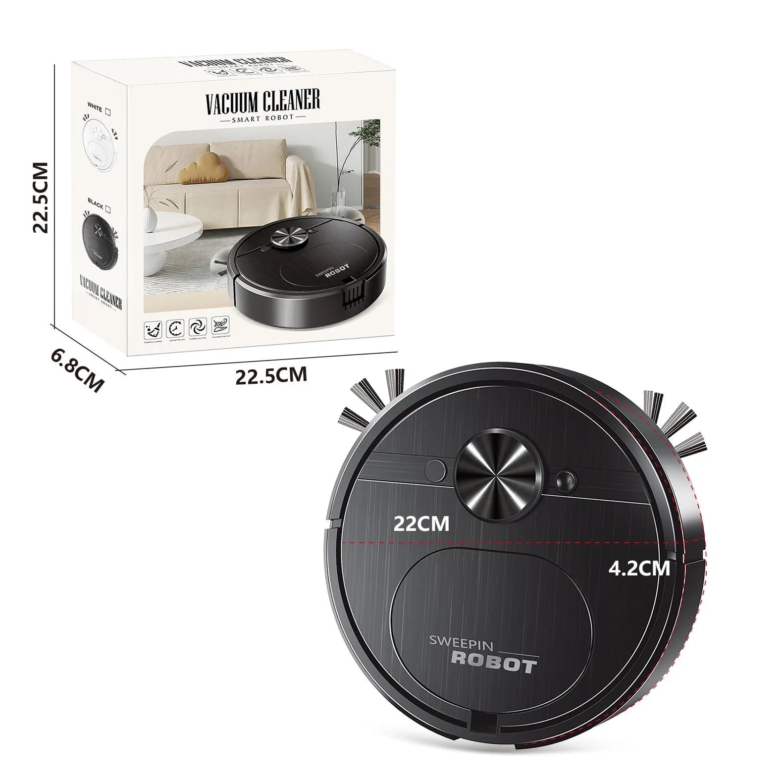 Black and white robotic vacuum cleaner with USB charging port and water tank for mopping