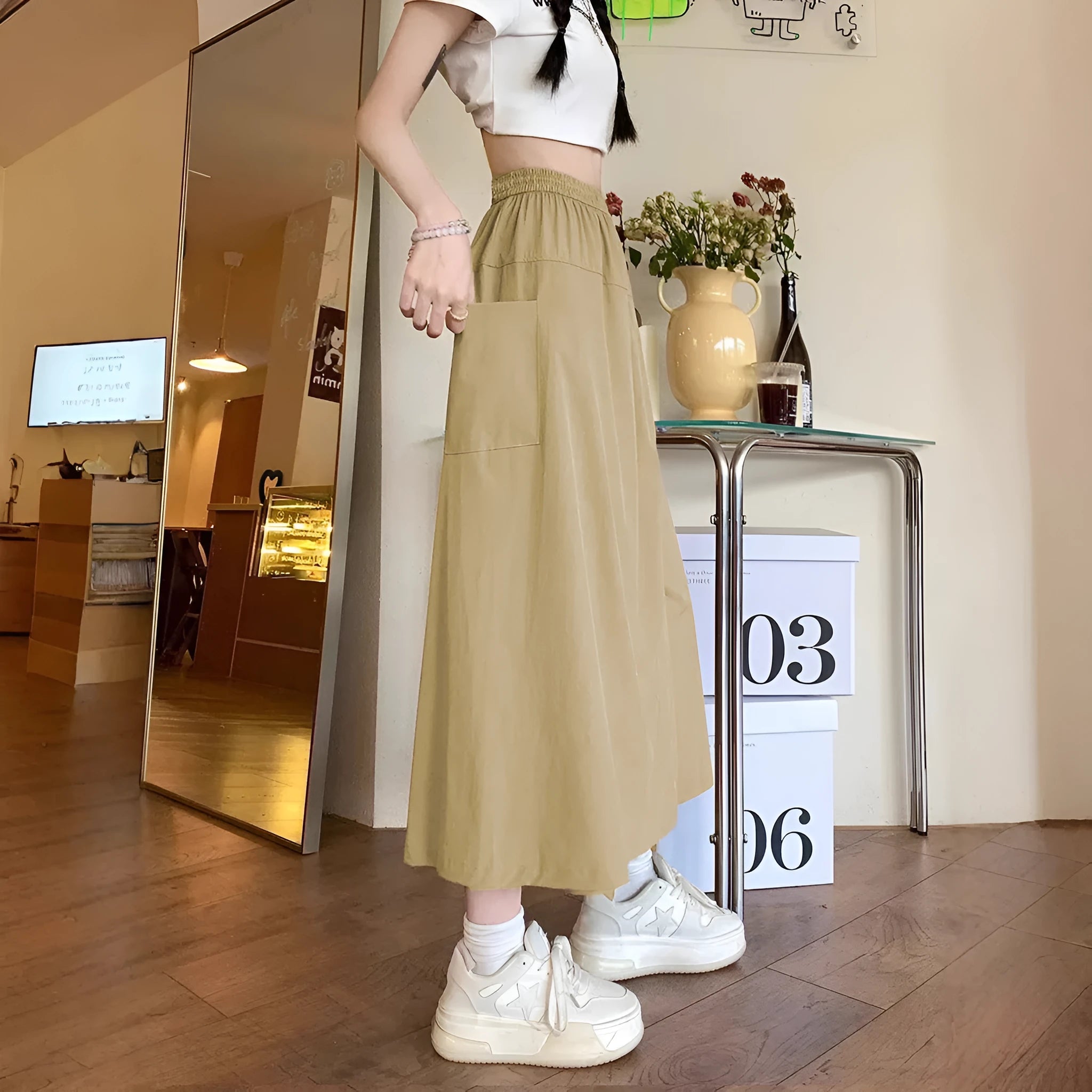 Women's camel colour wide leg casual skirt with elastic waist and drape silhouette