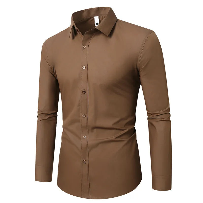 Long-sleeve linen shirt in a slim loose fit on a hanger, shown in a navy blue colour.