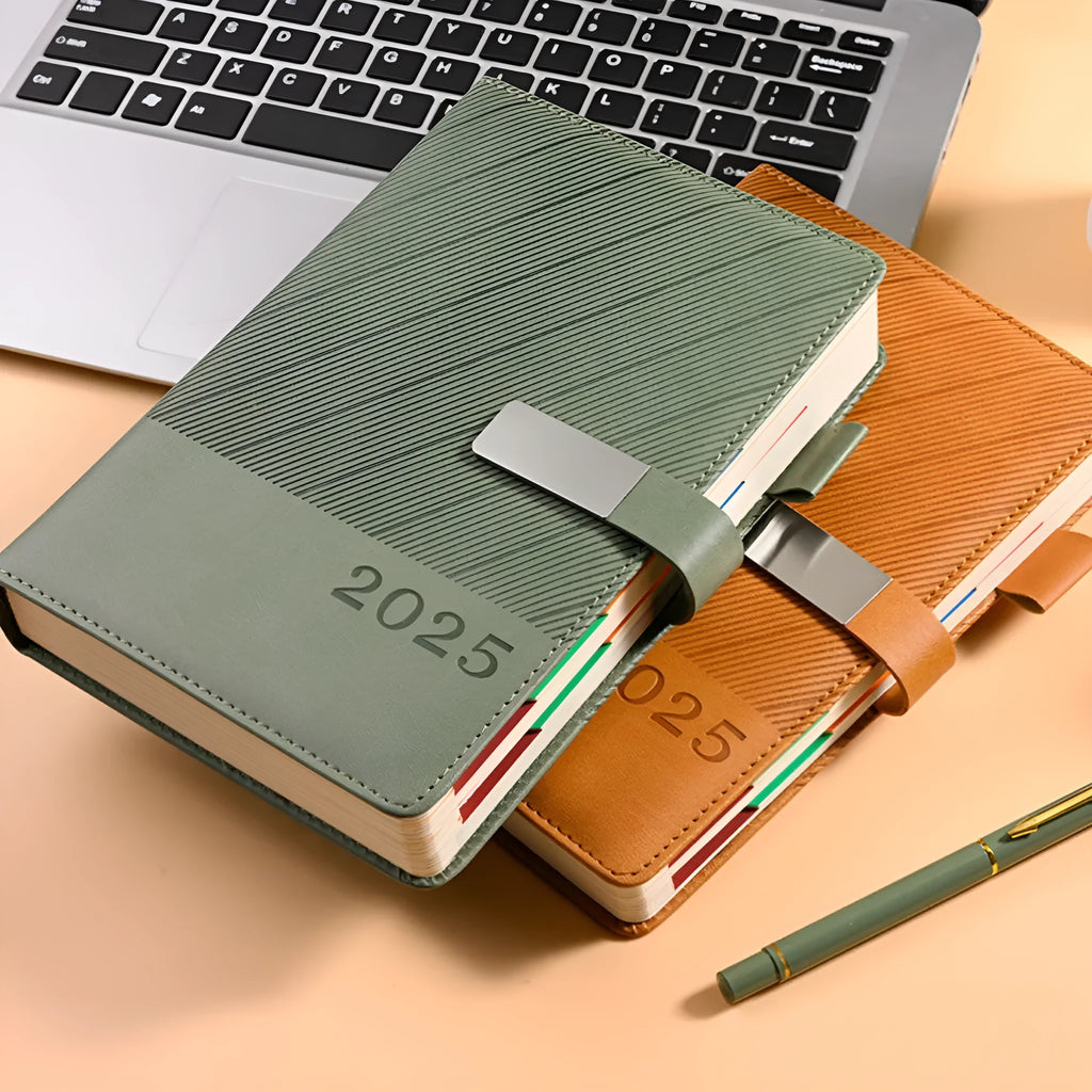 A5 striped PU leather notepad open on a desk showing thickened paper, available in eight colours.