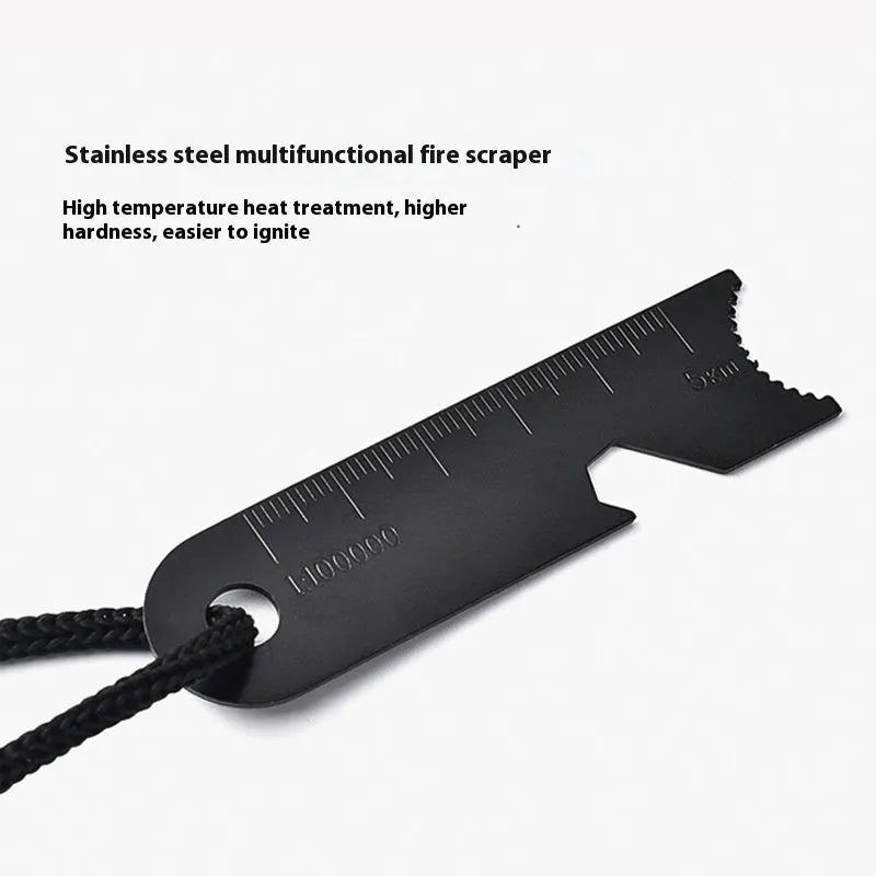 Black outdoor multifunctional survival flint with magnesium rod and stainless steel scraper tool.